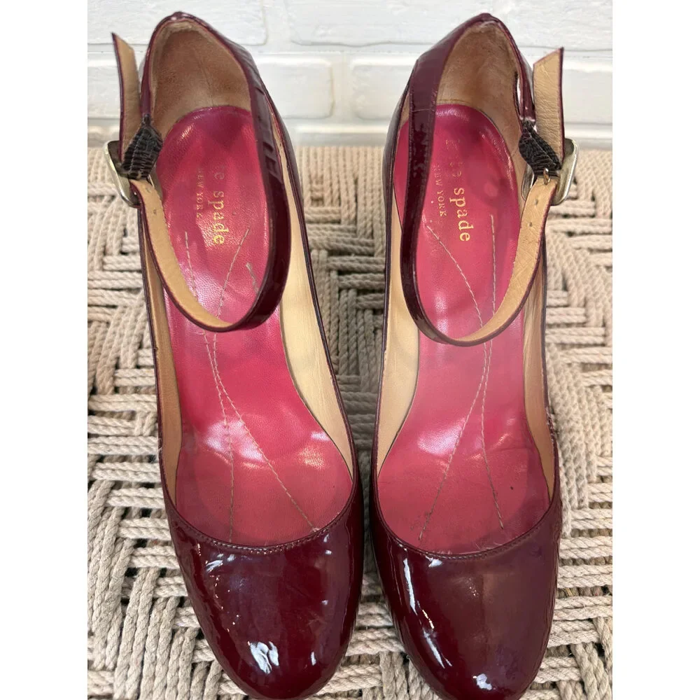 Kate Spade New York Mary Jane Block Heels Burgundy Patent Leather 7.5
